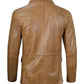 Men's camel brown leather two-button blazer, front view, buttoned