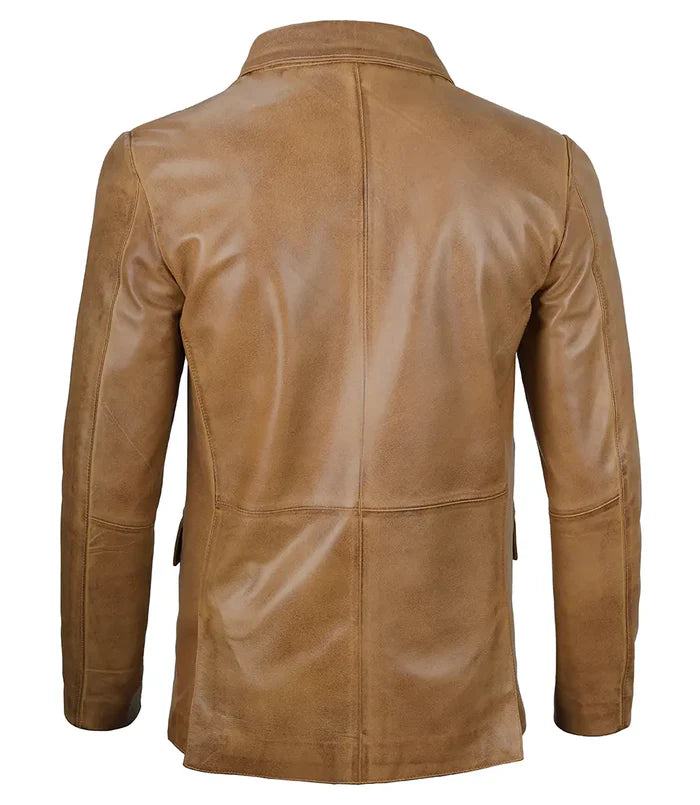 Men’s Camel Brown Real Leather Blazer – Front View