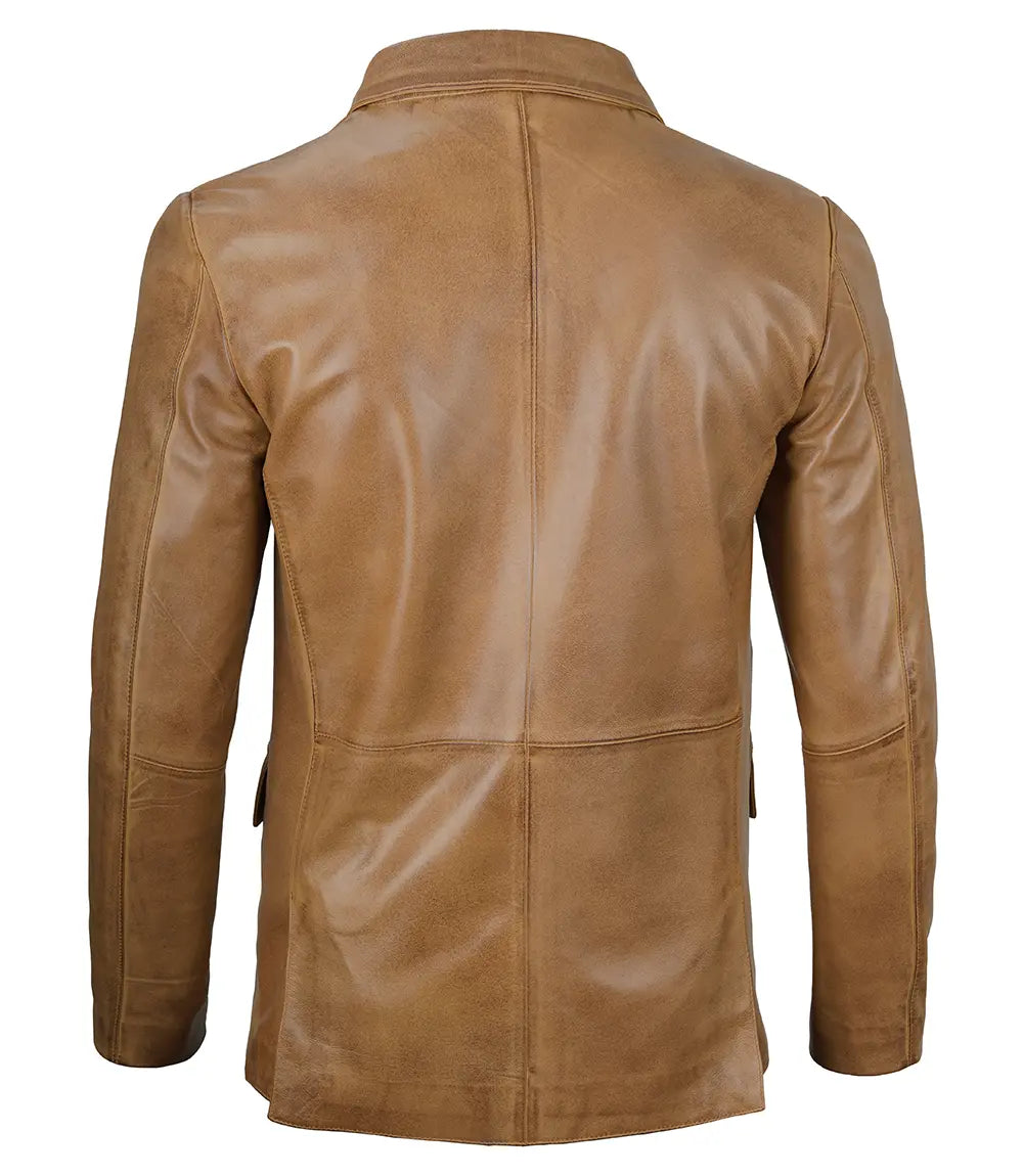 Men's camel brown leather two-button blazer, front view, buttoned