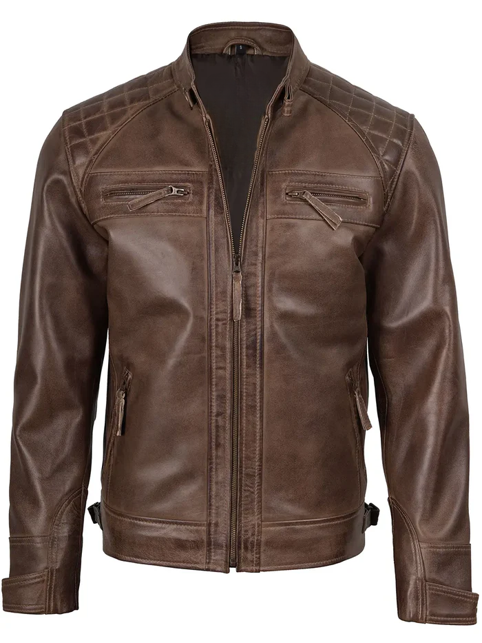 Cacao Men's Chocolate Brown Cafe Racer Leather Jacket - Front Closed View