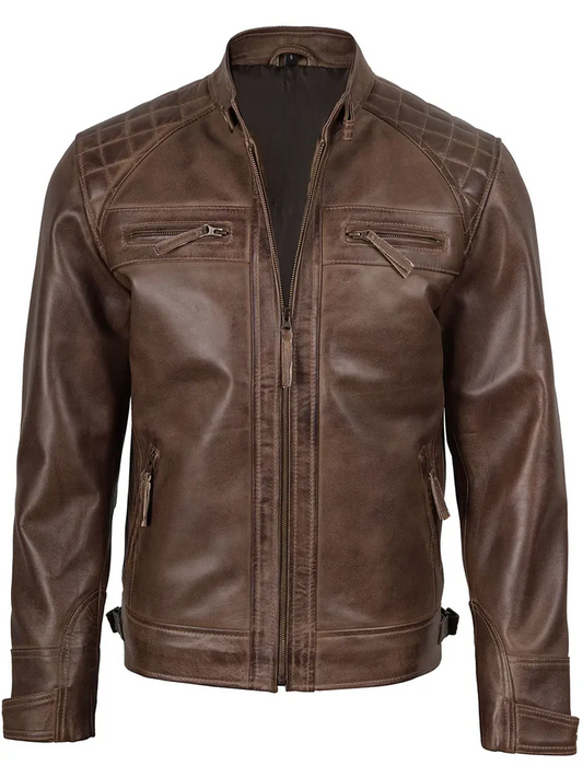 Cacao Men's Chocolate Brown Cafe Racer Leather Jacket - Front Closed View
