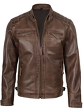 Cacao Men's Chocolate Brown Cafe Racer Leather Jacket - Front Closed View