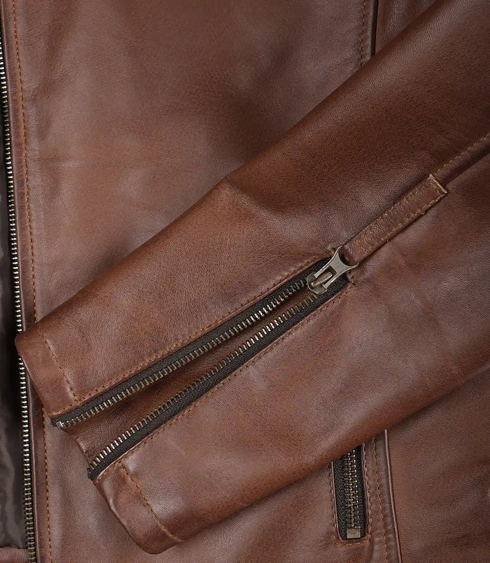 Diesel men's cognac brown biker leather jacket, pocket features detail