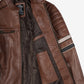 Men's cognac brown biker style leather jacket, features detail