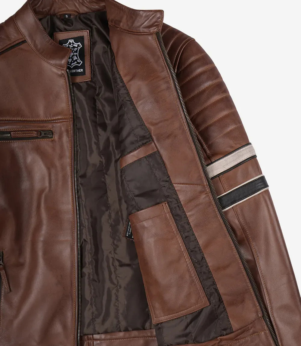 Men's cognac brown biker style leather jacket, features detail
