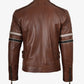 Men's cognac brown leather biker jacket, black and beige stripe detail