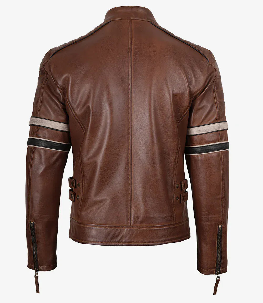 Men's cognac brown leather biker jacket, black and beige stripe detail