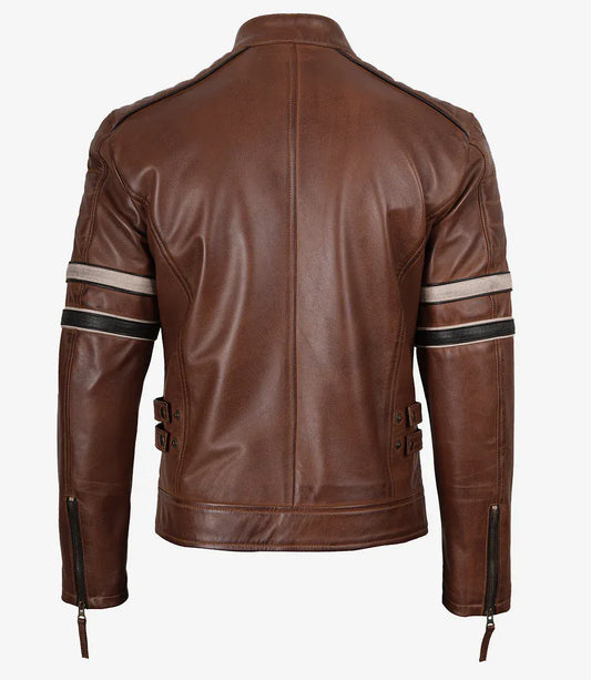 Men's cognac brown leather biker jacket, black and beige stripe detail