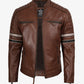 Diesel men's cognac brown leather jacket with dual sleeve stripes, front view