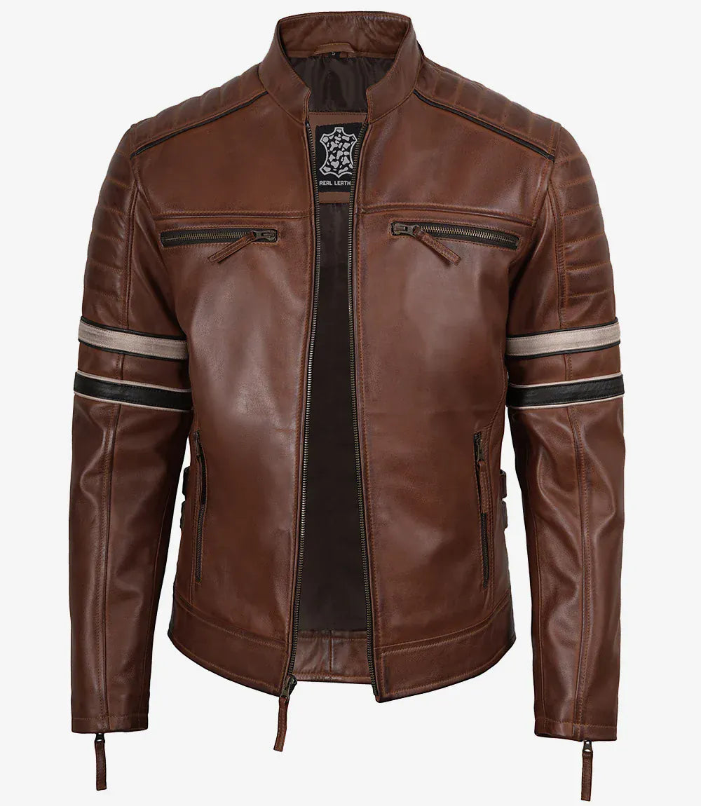 Diesel men's cognac brown leather jacket with dual sleeve stripes, front view