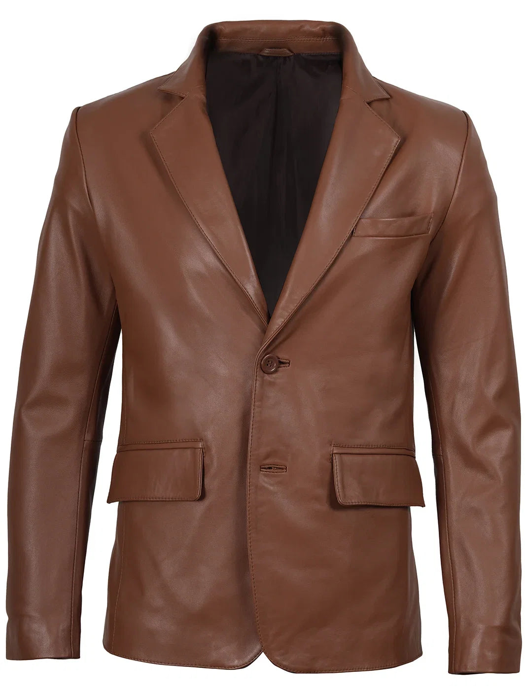 Men's cognac brown leather blazer, tailored fit detail