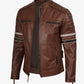 Men's cognac brown leather racer jacket with black and beige stripes