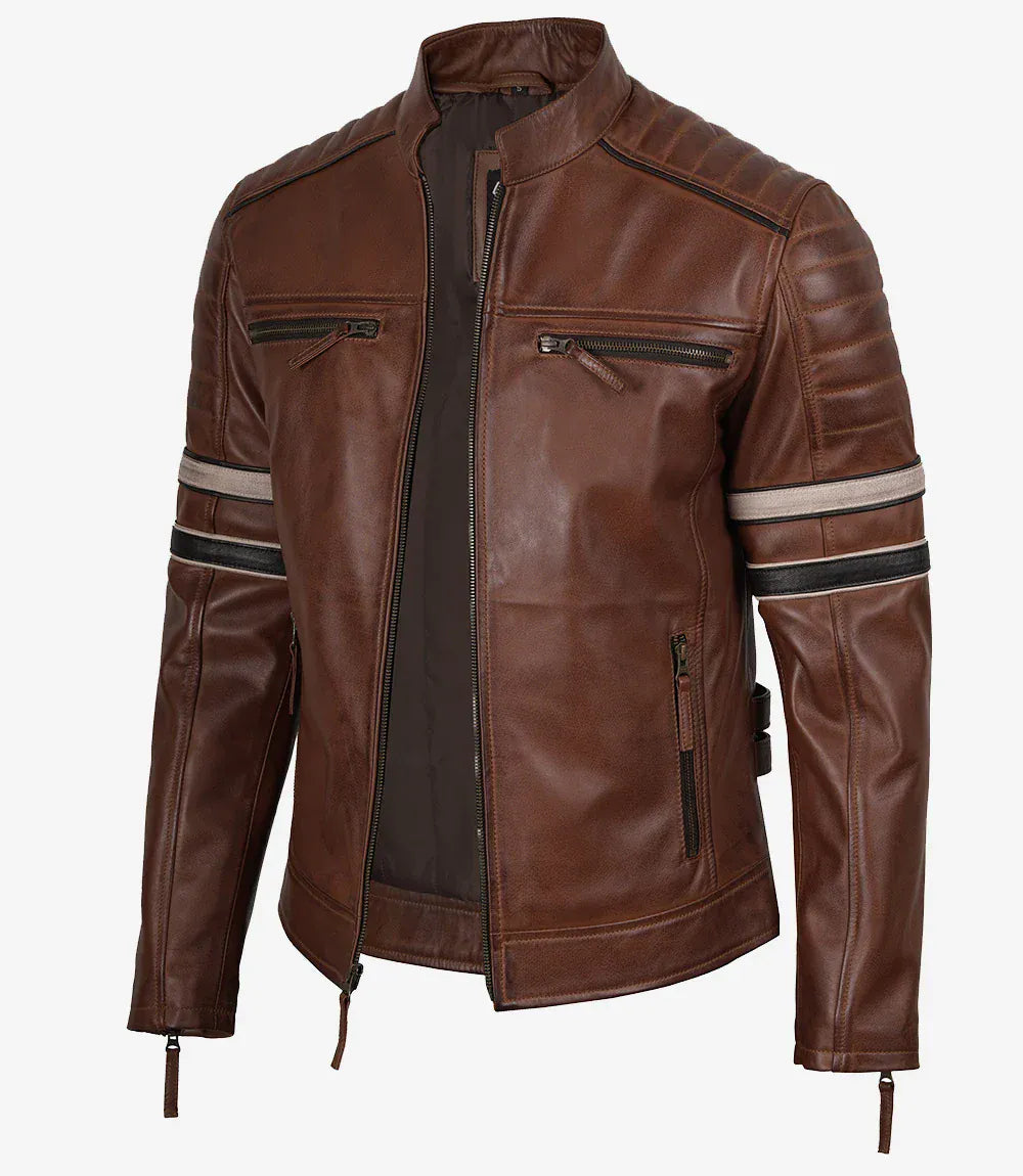Men's cognac brown leather racer jacket with black and beige stripes