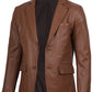 Duke men's cognac brown leather blazer, front view, buttoned
