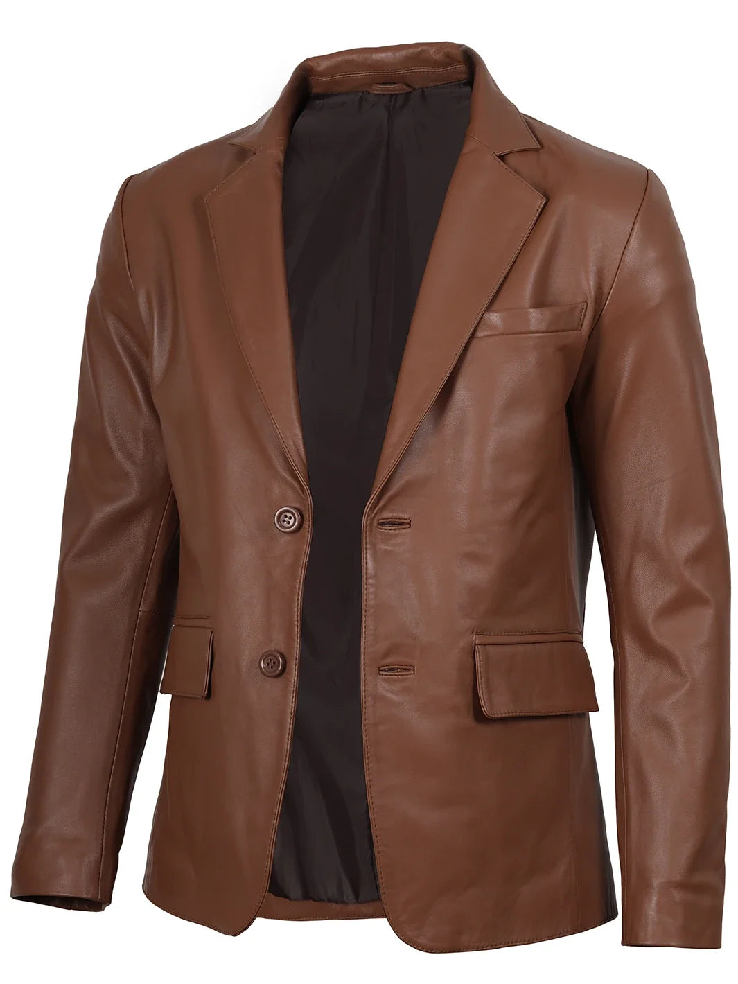 Duke men's cognac brown leather blazer, front view, buttoned
