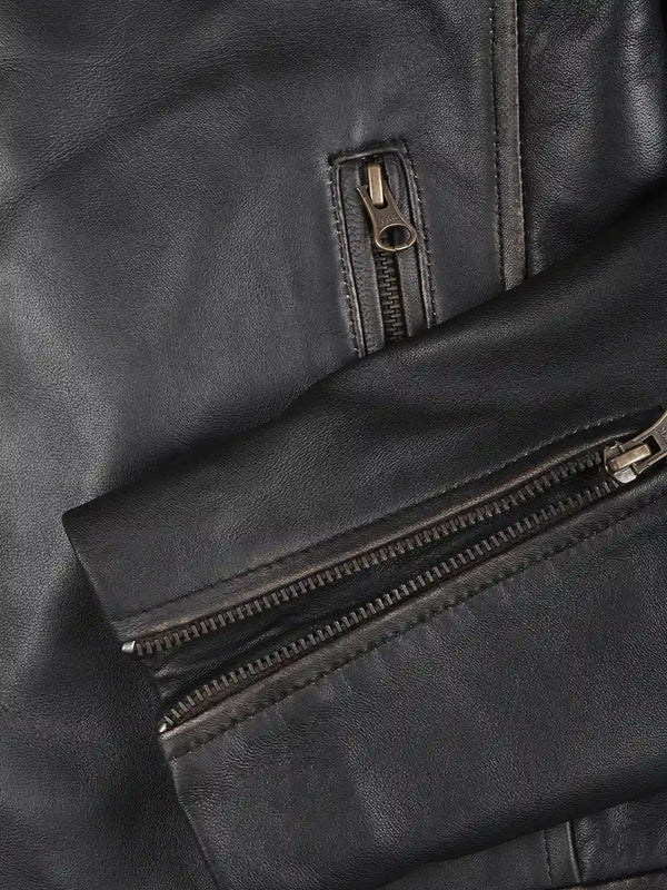 Maverick Men's Dark Brown Cafe Racer Leather Jacket - Features View