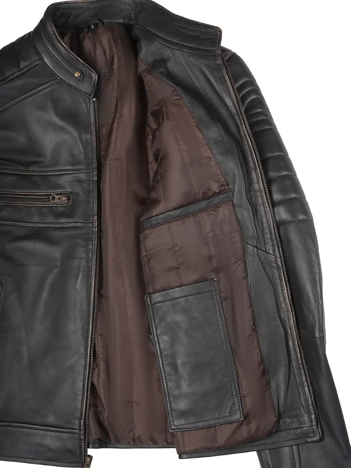 Maverick Men's Dark Brown Cafe Racer Leather Jacket - Detail View