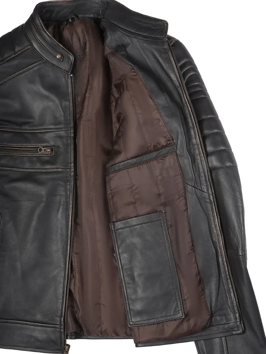 Maverick Men's Dark Brown Cafe Racer Leather Jacket - Detail View