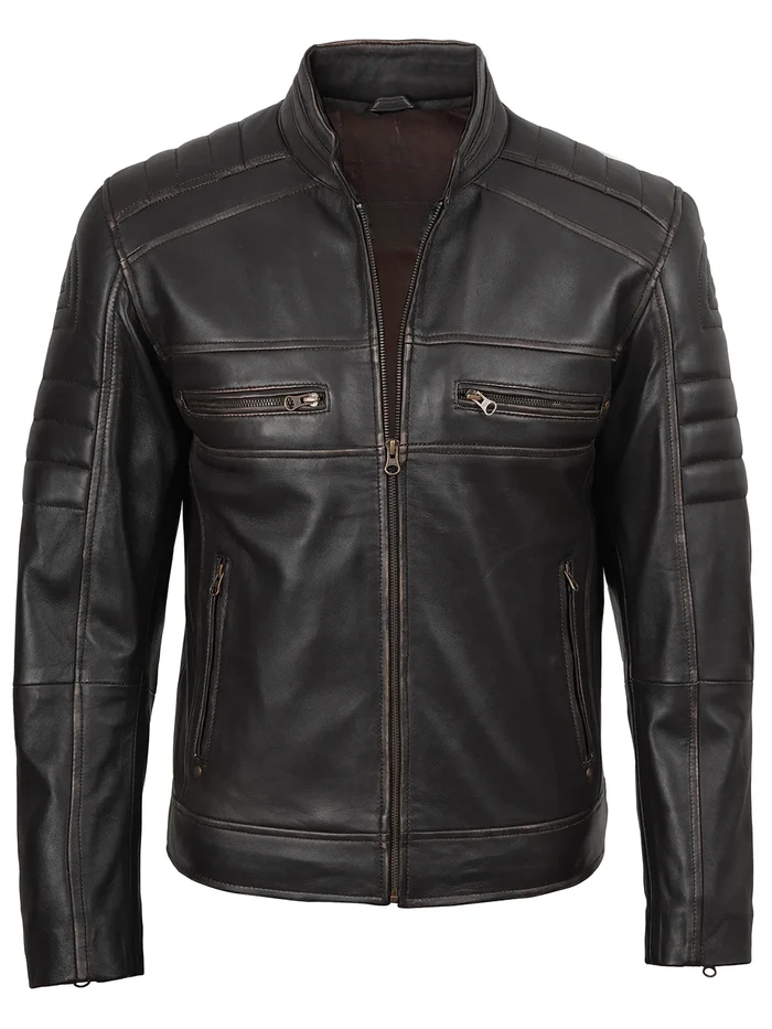 Maverick Men's Dark Brown Cafe Racer Leather Jacket - Front Closed View