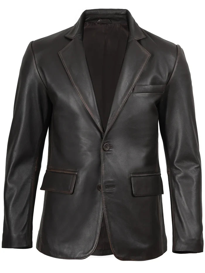 Men’s Dark Brown Real Leather Blazer – Front View