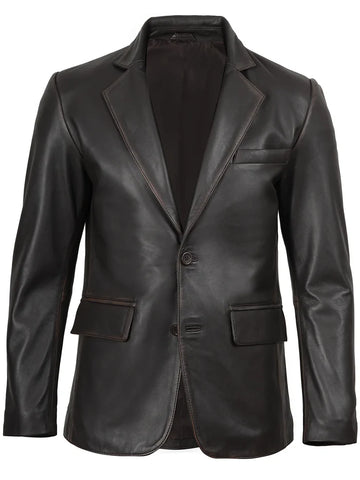 Men’s Dark Brown Real Leather Blazer – Front View