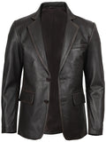 Dark Brown Leather Blazer with Rub-Off Finish – Two-Button Design