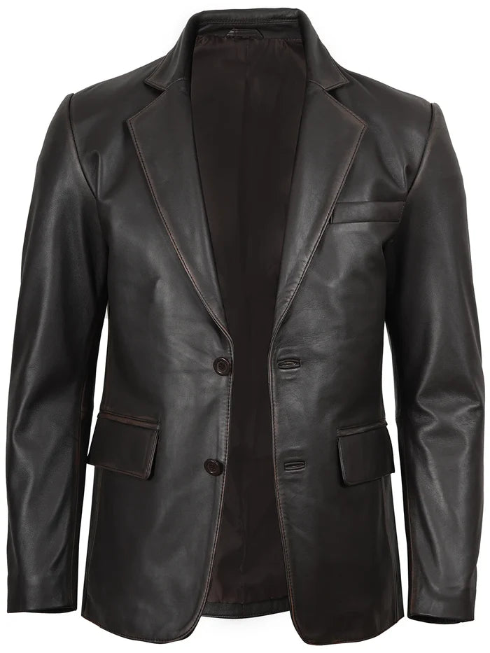 Dark Brown Leather Blazer with Rub-Off Finish – Two-Button Design