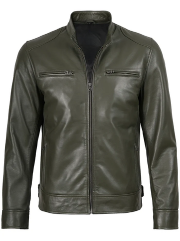Men’s Green Café Racer Leather Jacket – Front View | NSM Jackets