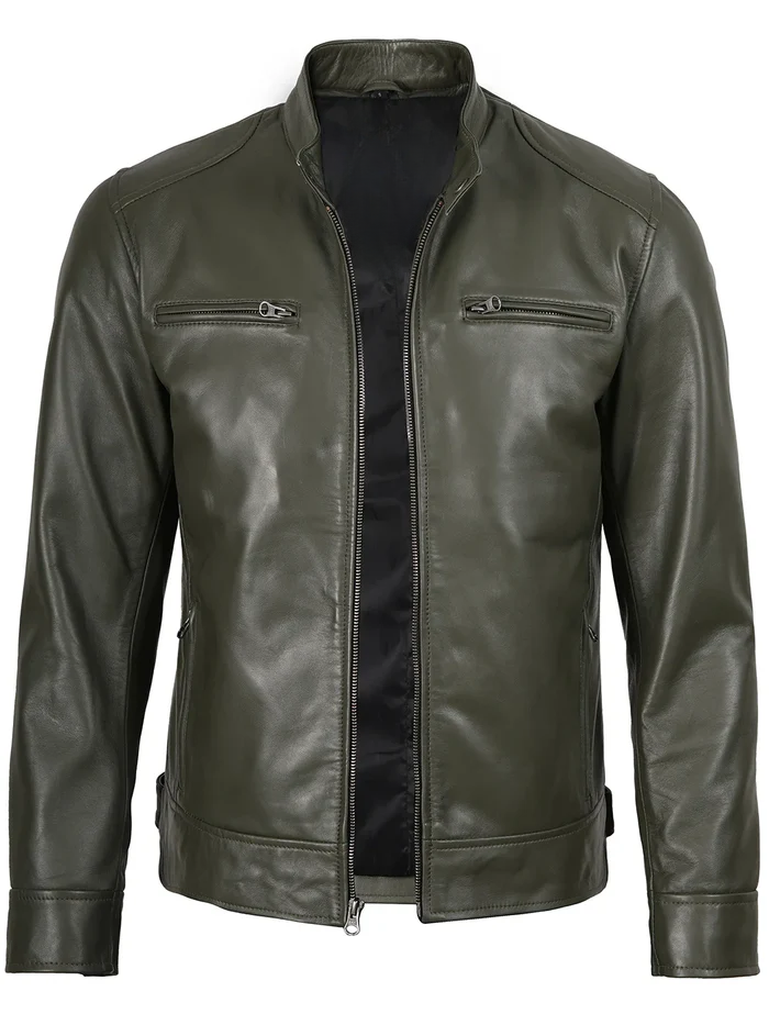 Dodge Men's Green Cafe Racer Leather Jacket - Side View