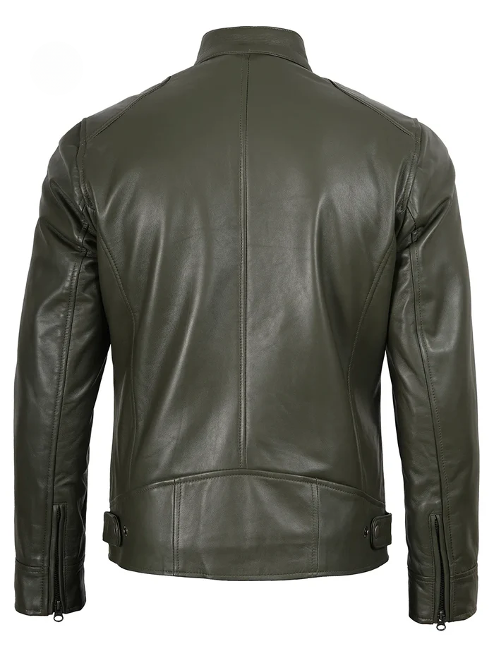 Dodge Men's Green Cafe Racer Leather Jacket - Front View