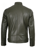 Dodge Men's Green Cafe Racer Leather Jacket - Front View