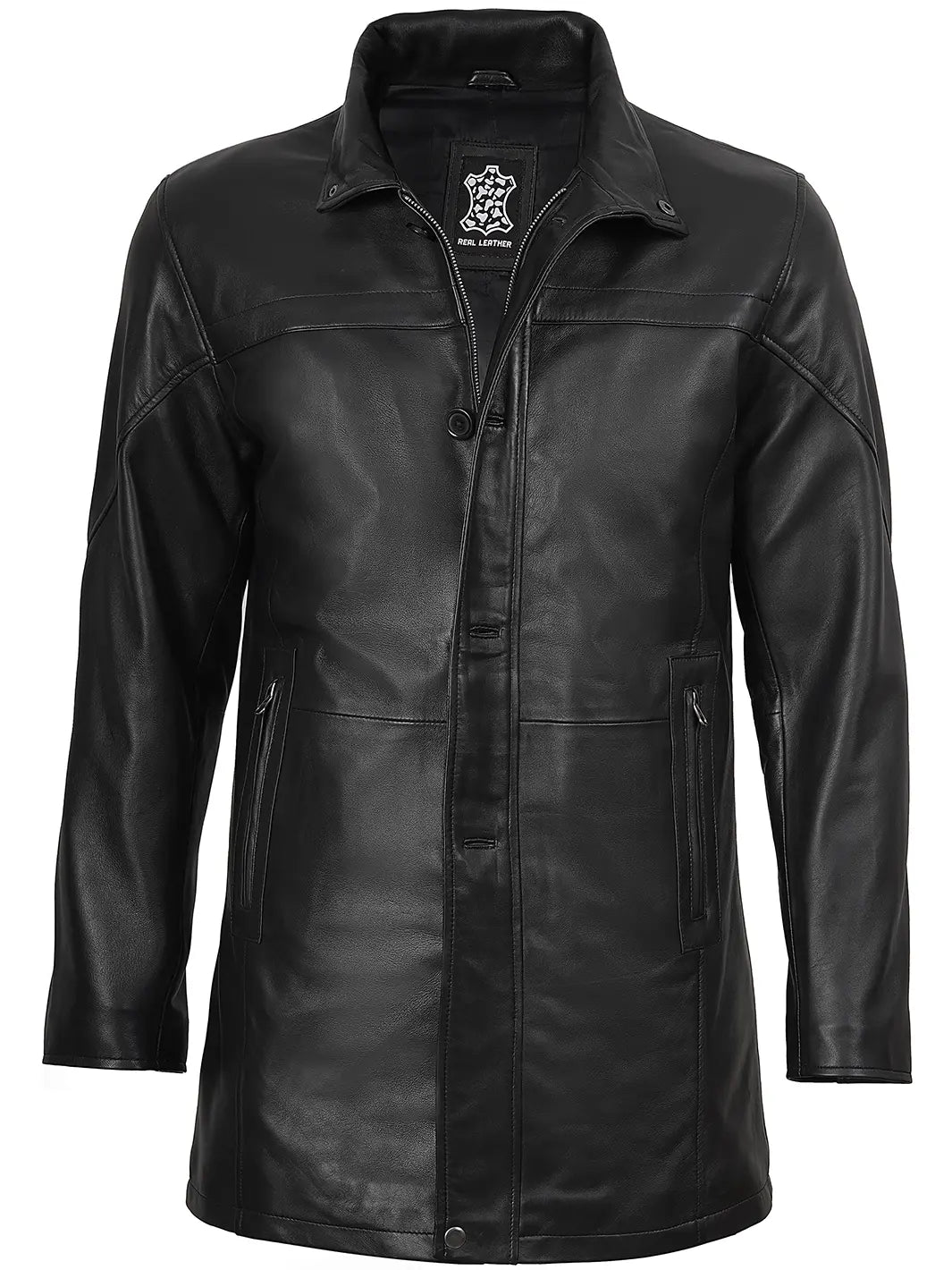 Bristol black leather car coat for men, open front view