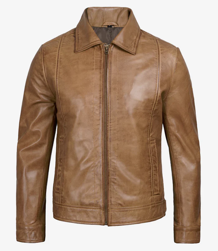 Men’s Camel Real Leather Harrington Jacket – Front View