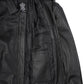 Men's black leather jacket features, cuff and hem detail