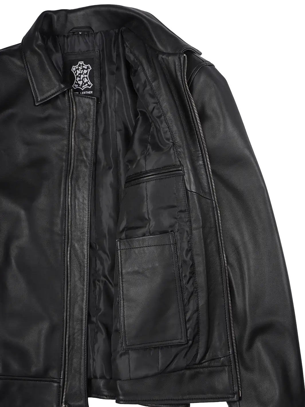 Men's black leather jacket features, cuff and hem detail