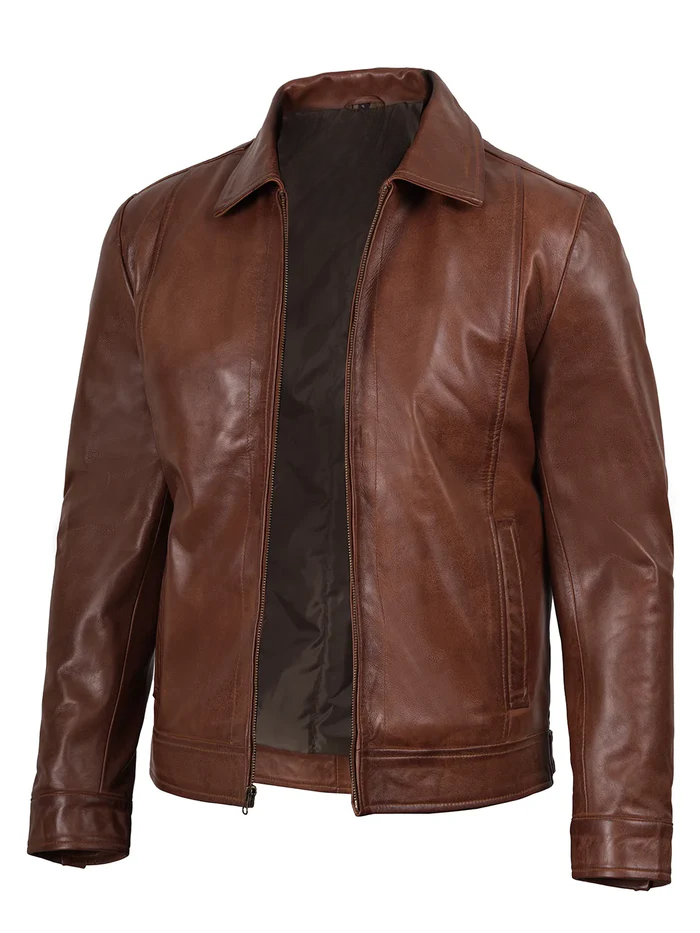 Harlow Men's Brown Leather Jacket - Front Open View