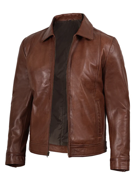 Harlow Men's Brown Leather Jacket - Front Open View