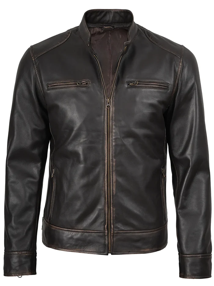 Men’s Rub-Off Dark Brown Café Racer Leather Jacket – Front View | NSM Jackets
