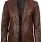Duke cognac brown leather blazer, unbuttoned front view showing lining