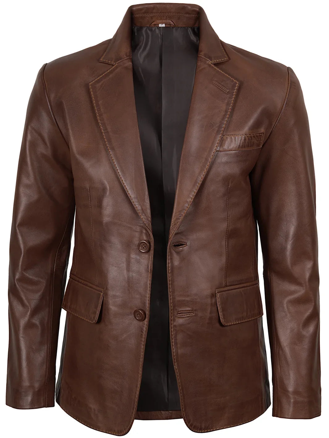 Duke cognac brown leather blazer, unbuttoned front view showing lining
