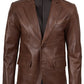 Duke men's cognac brown wax leather blazer, front view, buttoned
