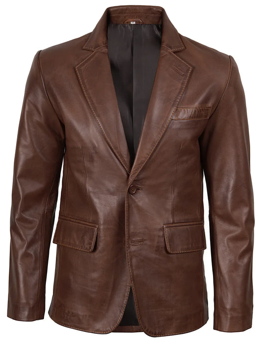 Duke men's cognac brown wax leather blazer, front view, buttoned