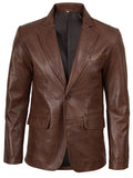 Duke men's cognac brown wax leather blazer, front view, buttoned