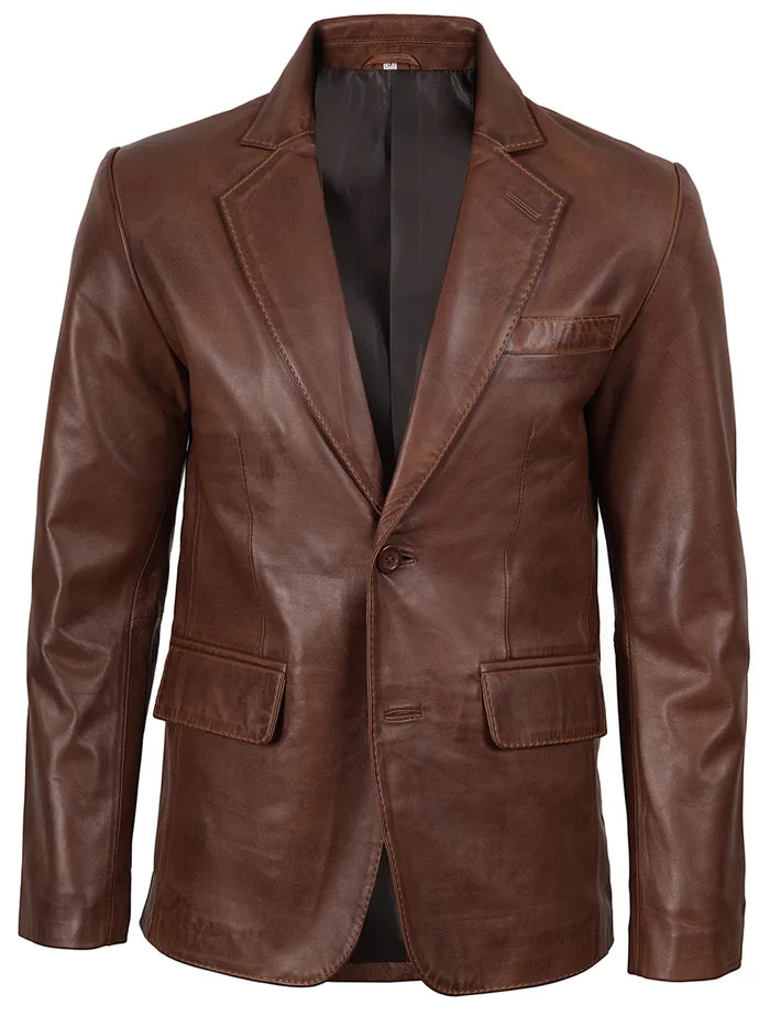 Men’s Cognac Brown Real Leather Blazer – Front View