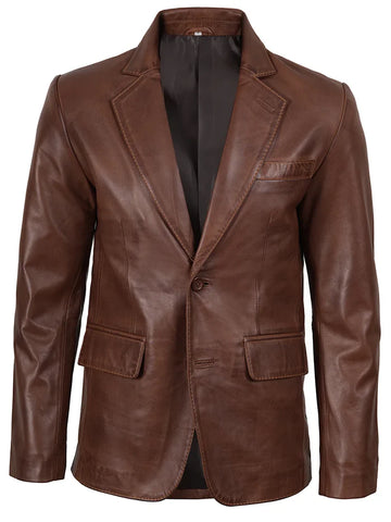 Men’s Cognac Brown Real Leather Blazer – Front View