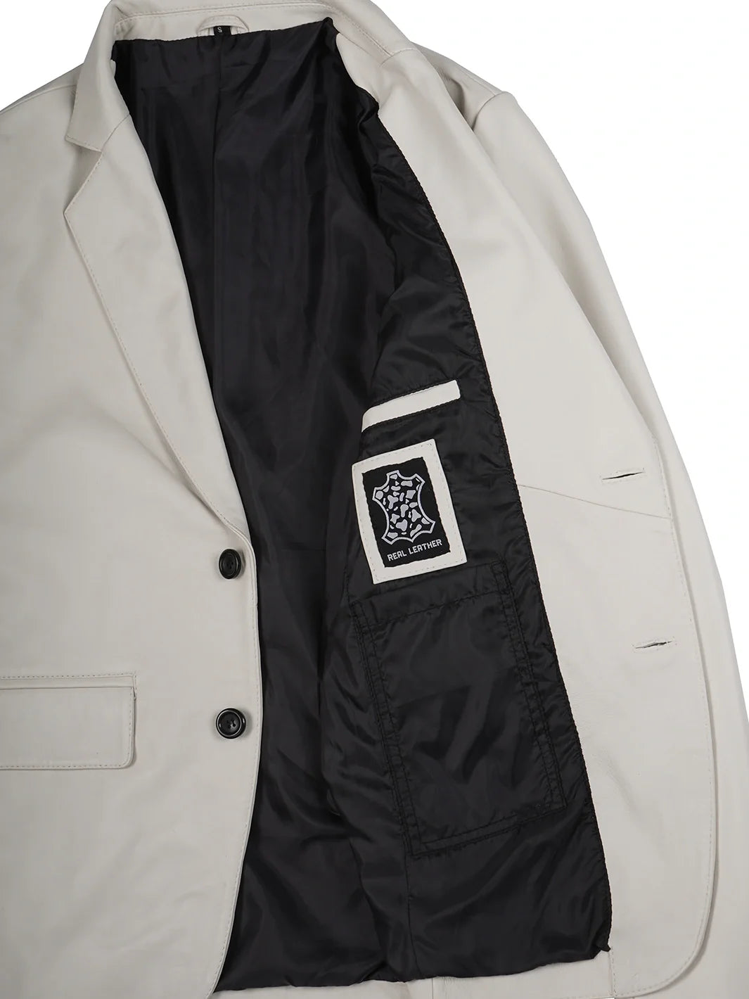 Men's off-white leather blazer by NSM Jackets, notch lapel detail