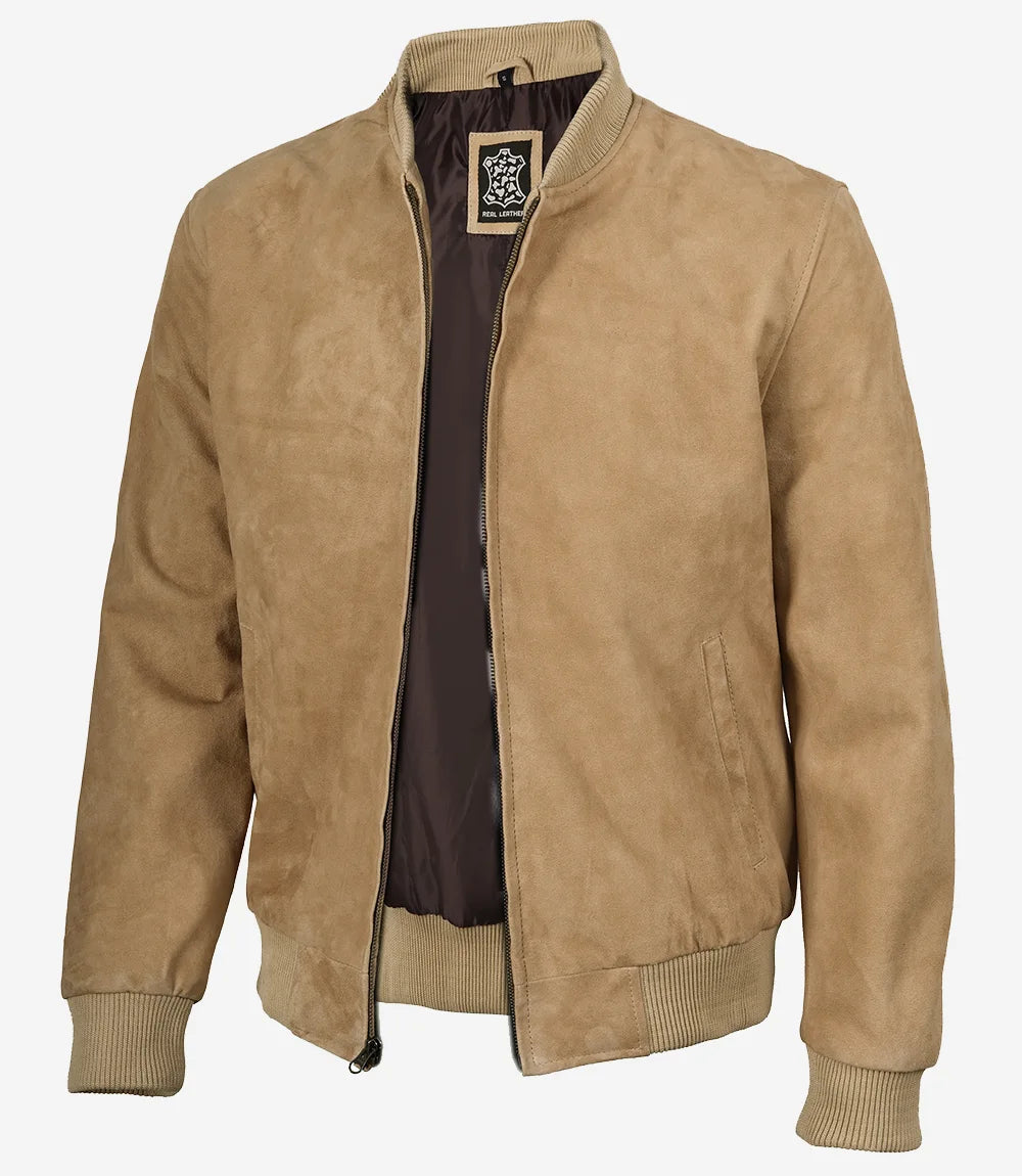 Men's Camel Suede Bomber Jacket - Front View