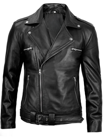 Men’s Black Biker Real Leather Jacket – Front View