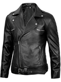 Men’s Black Leather Biker Jacket with Belt and Zippers – Side Angle