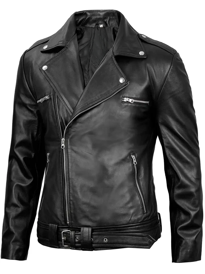 Men’s Black Leather Biker Jacket with Belt and Zippers – Side Angle